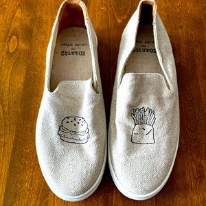Soludos Canvas Sneaker Neutral Tan with Hamburger and Fries Design Jason Polan